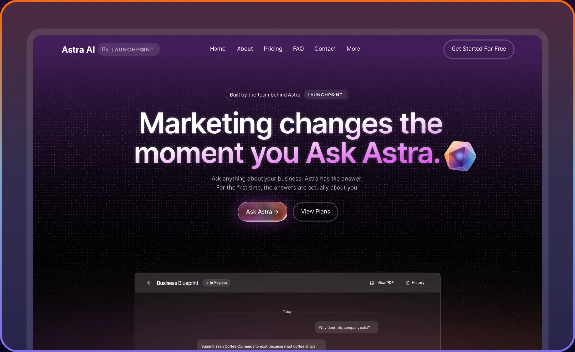 Astra AI product landing page preview inside browser frame