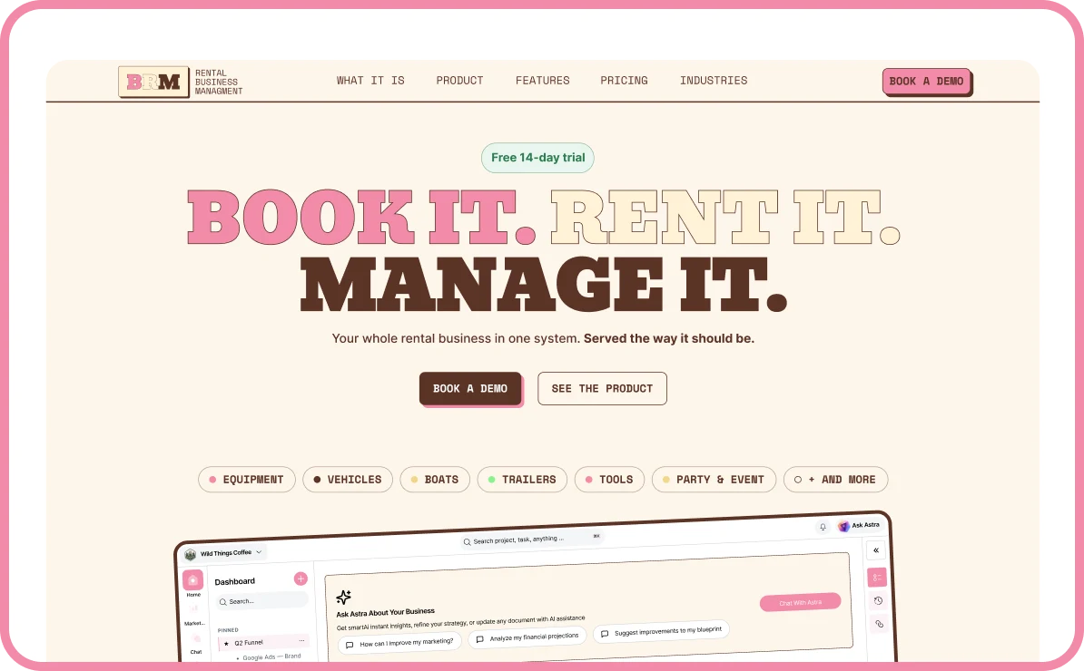 BRM rental business platform landing page preview inside browser frame