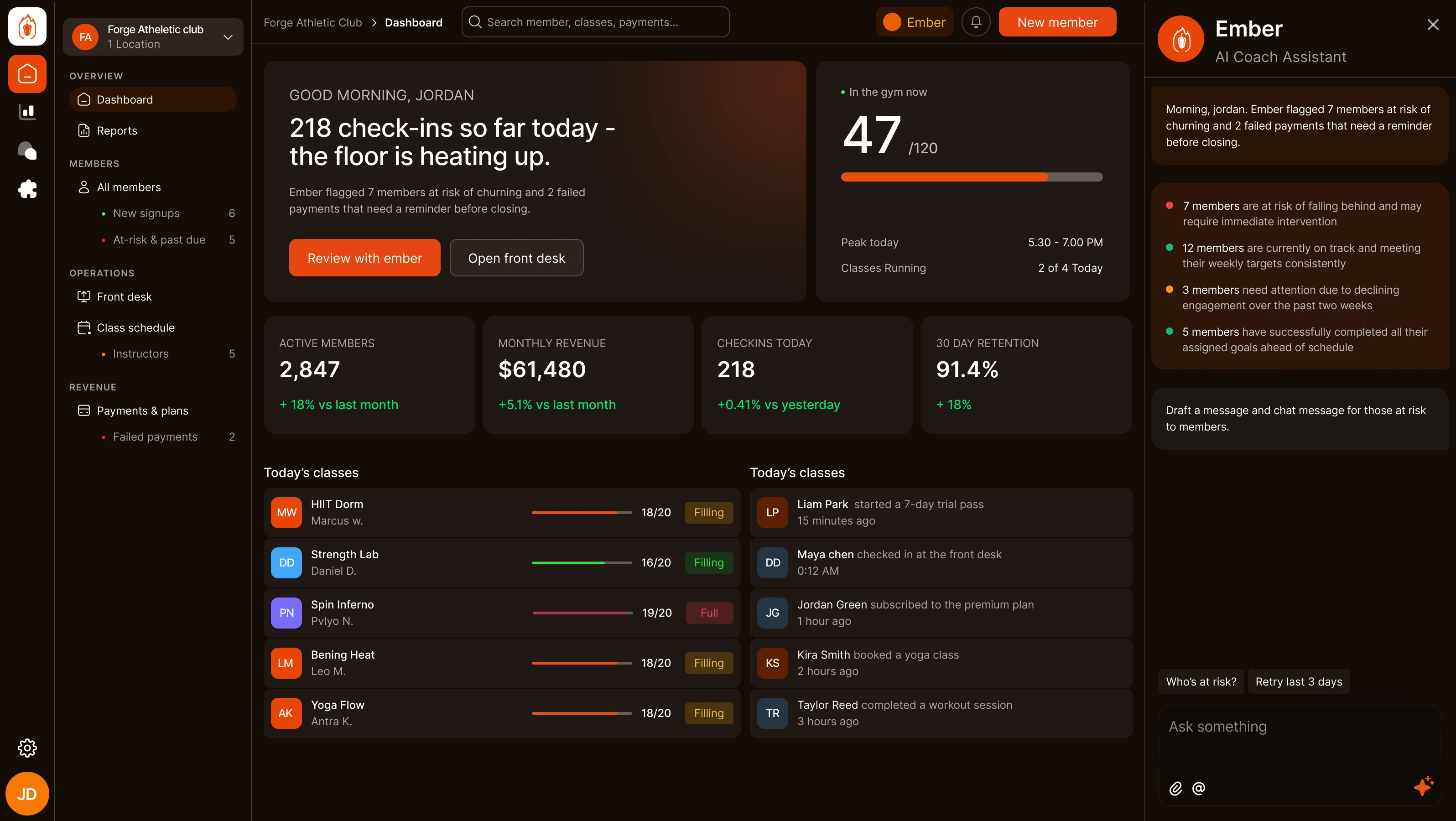 Habanero gym management platform dashboard with check-ins and Ember AI