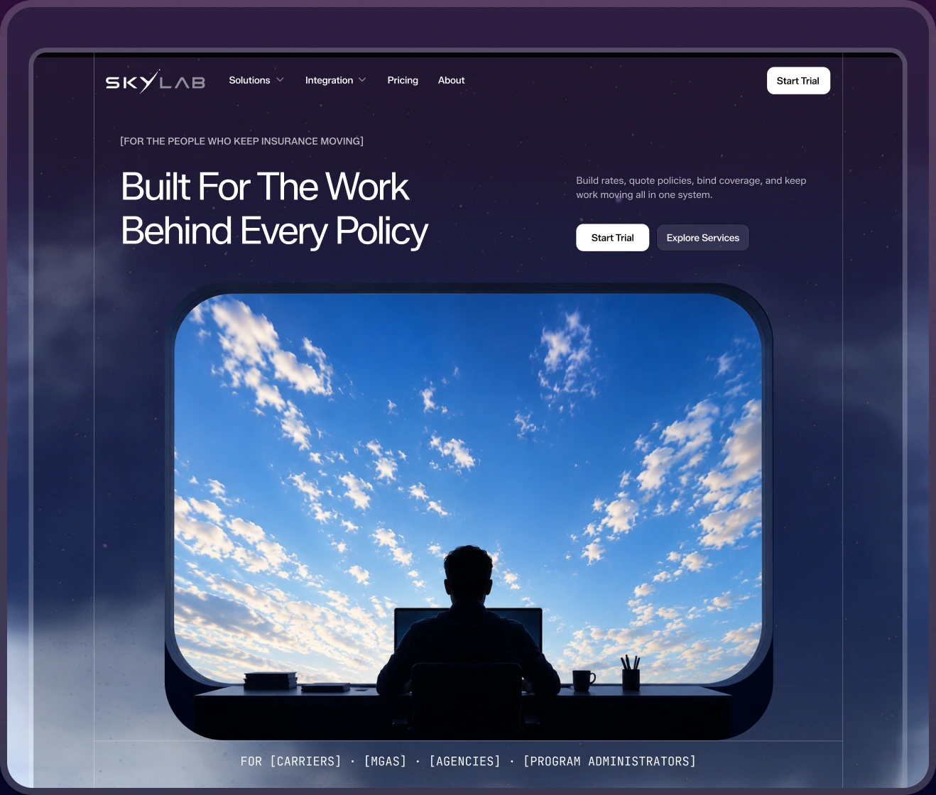 Skylab insurance software landing page preview inside browser frame